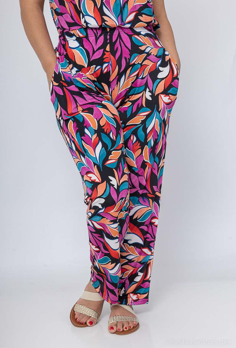 Pantalon fluide imprimé feuilles colorées