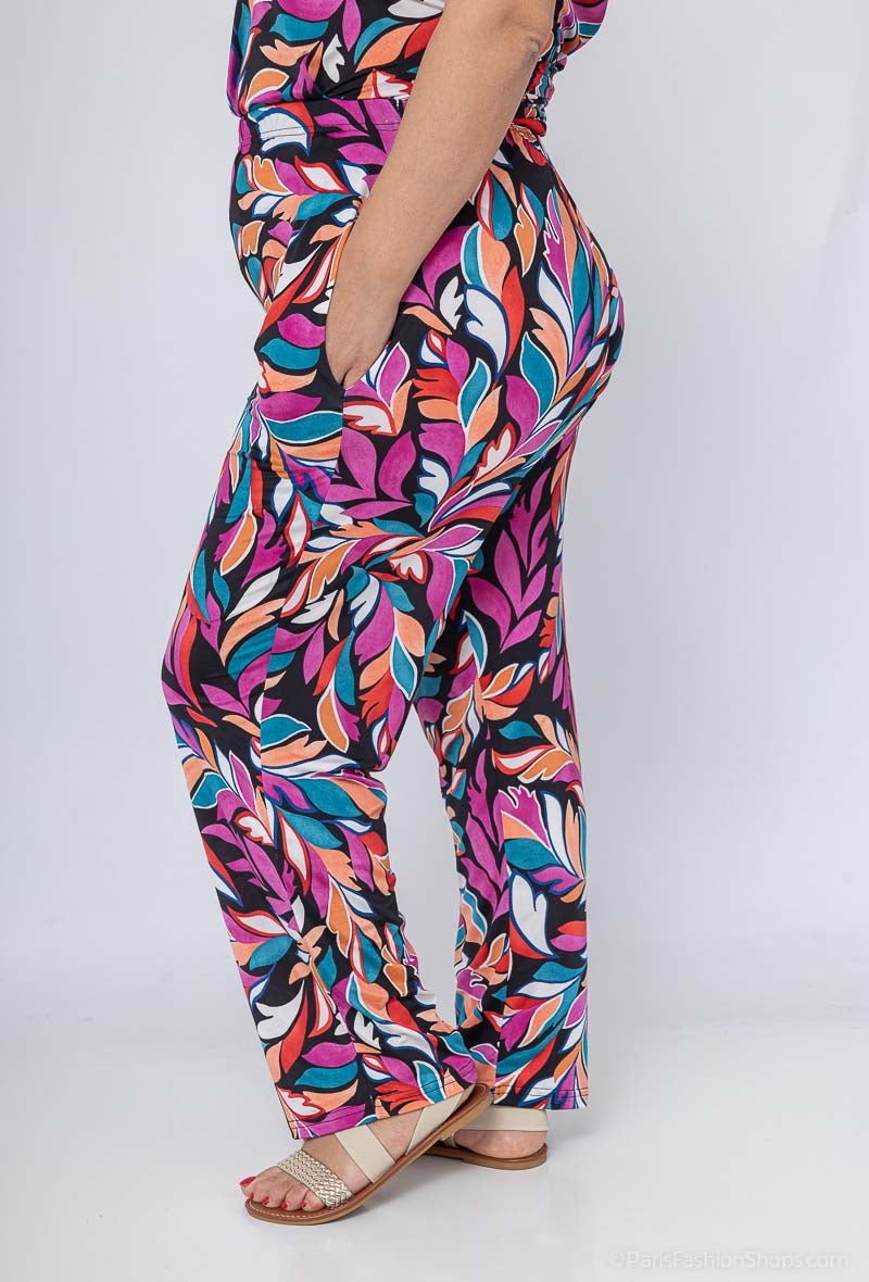 Pantalon fluide imprimé feuilles colorées