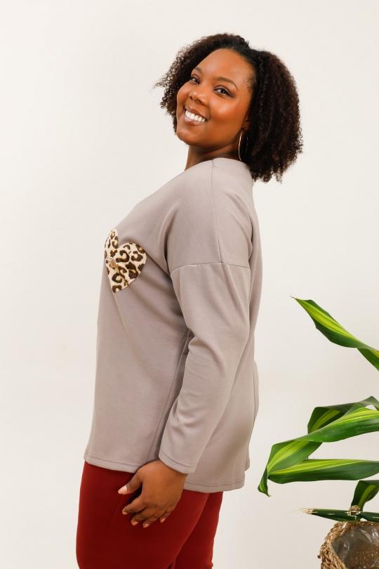 Sweat col rond coeur léopard