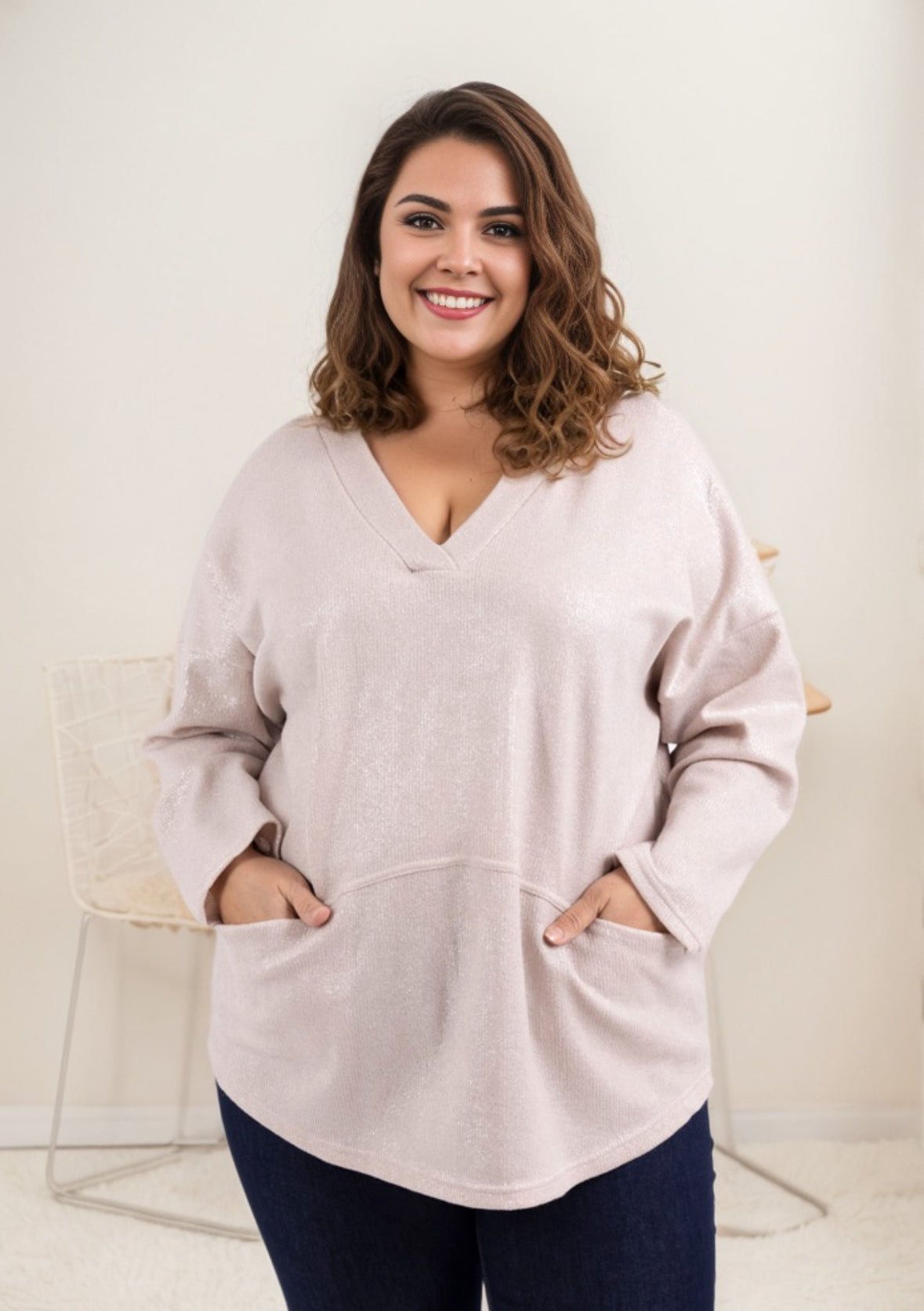 Pull en maille à Paillettes col en V avec poches