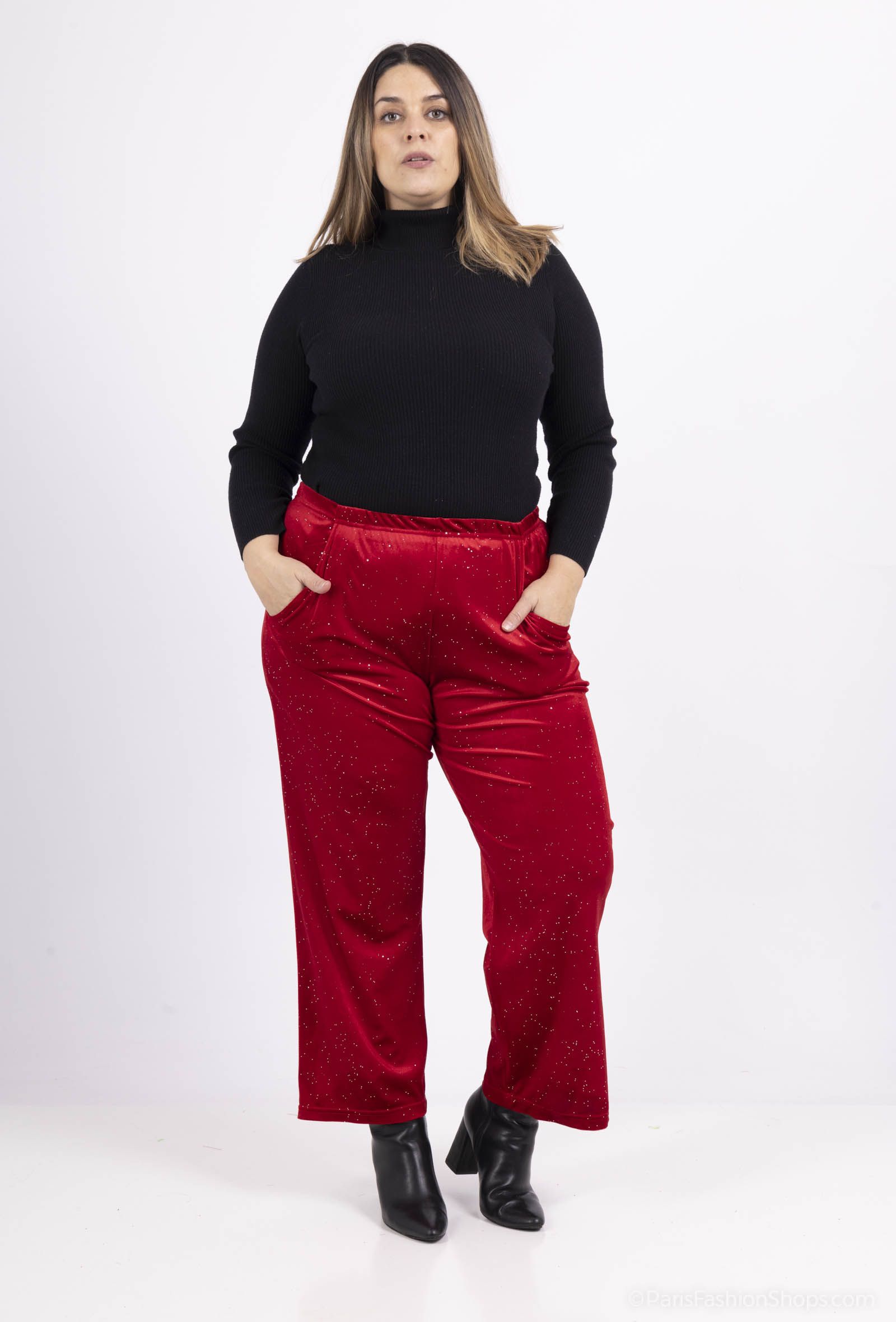 Pantalon stretch velours et paillettes avec poches