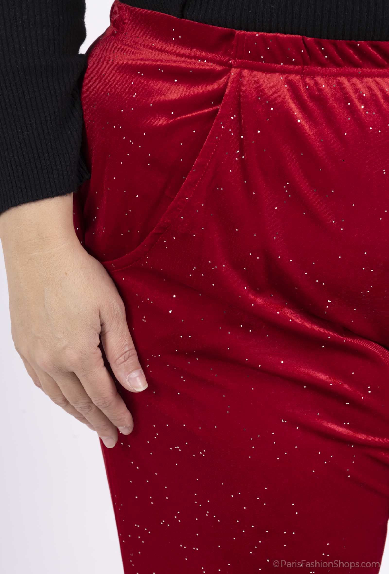 Pantalon stretch velours et paillettes avec poches