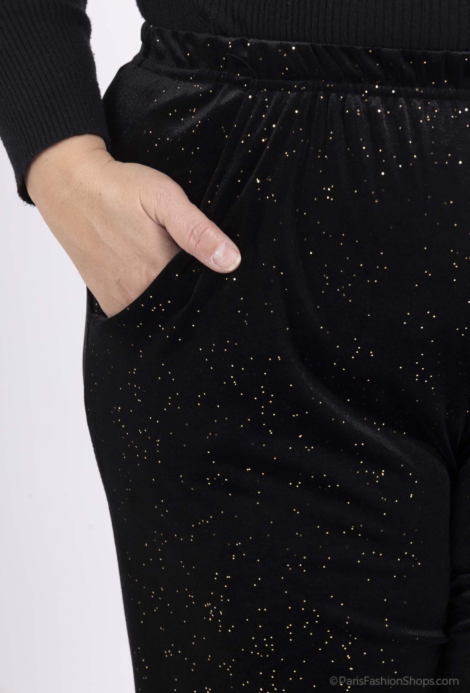 Pantalon stretch velours et paillettes avec poches
