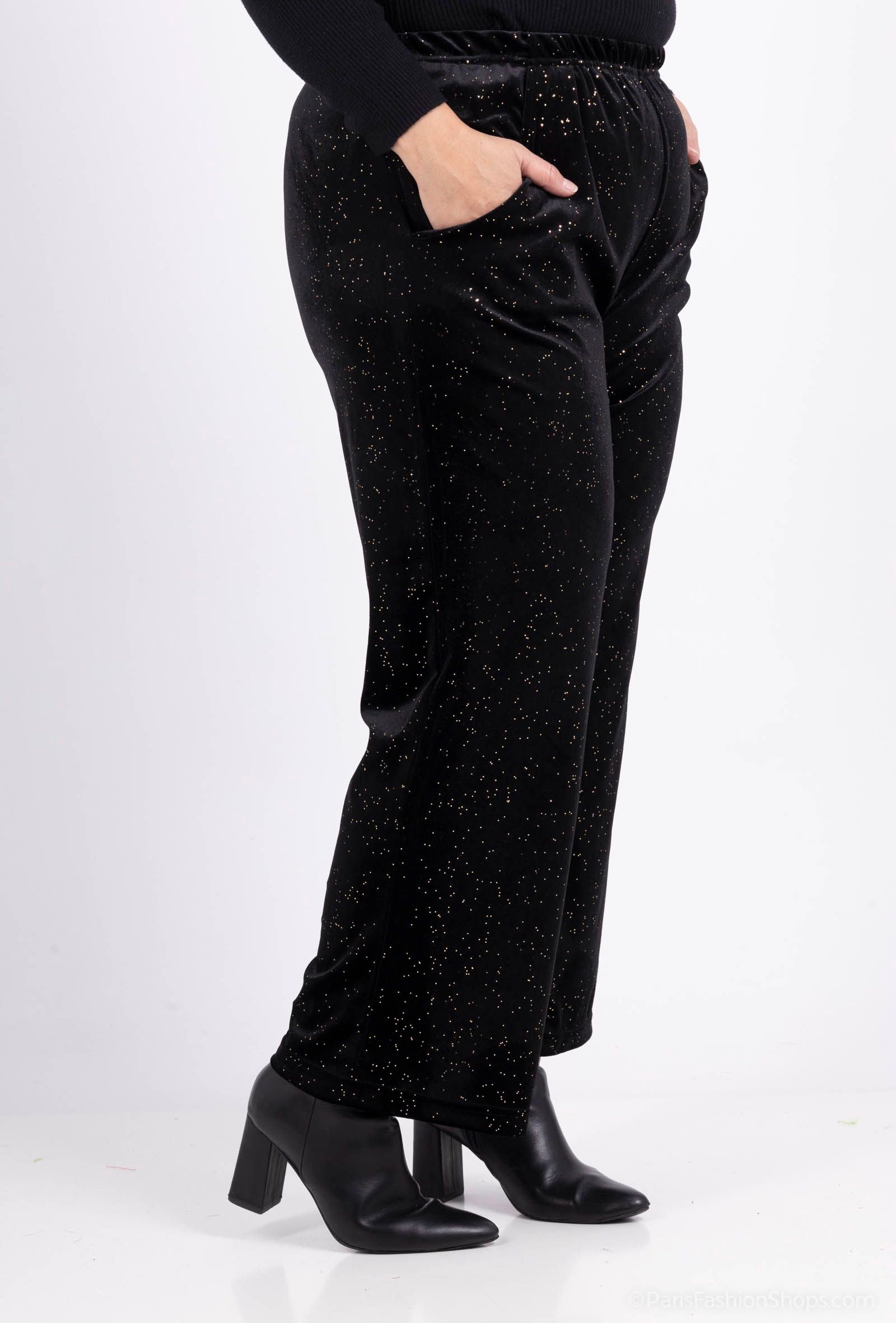 Pantalon stretch velours et paillettes avec poches