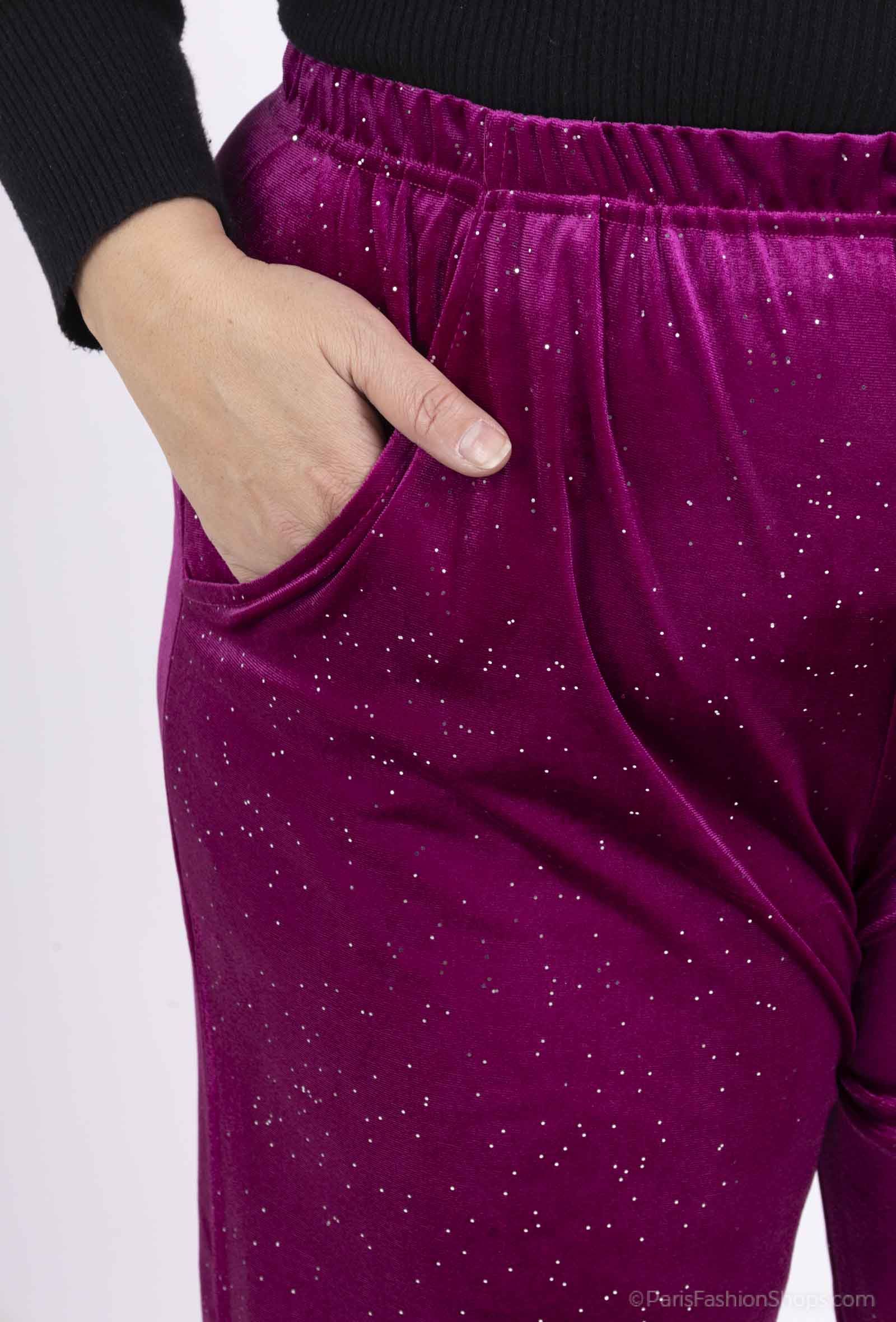 Pantalon stretch velours et paillettes avec poches