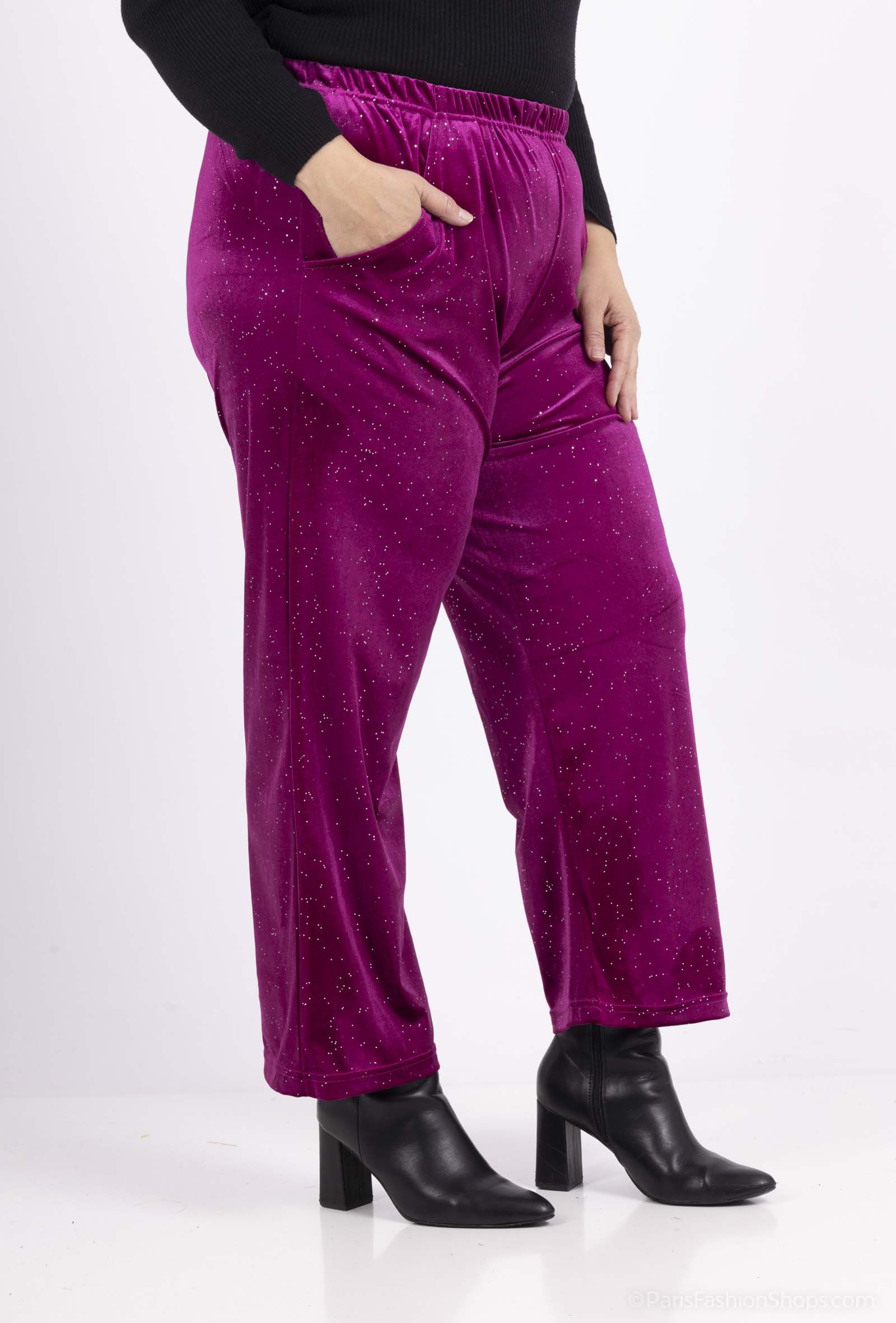 Pantalon stretch velours et paillettes avec poches