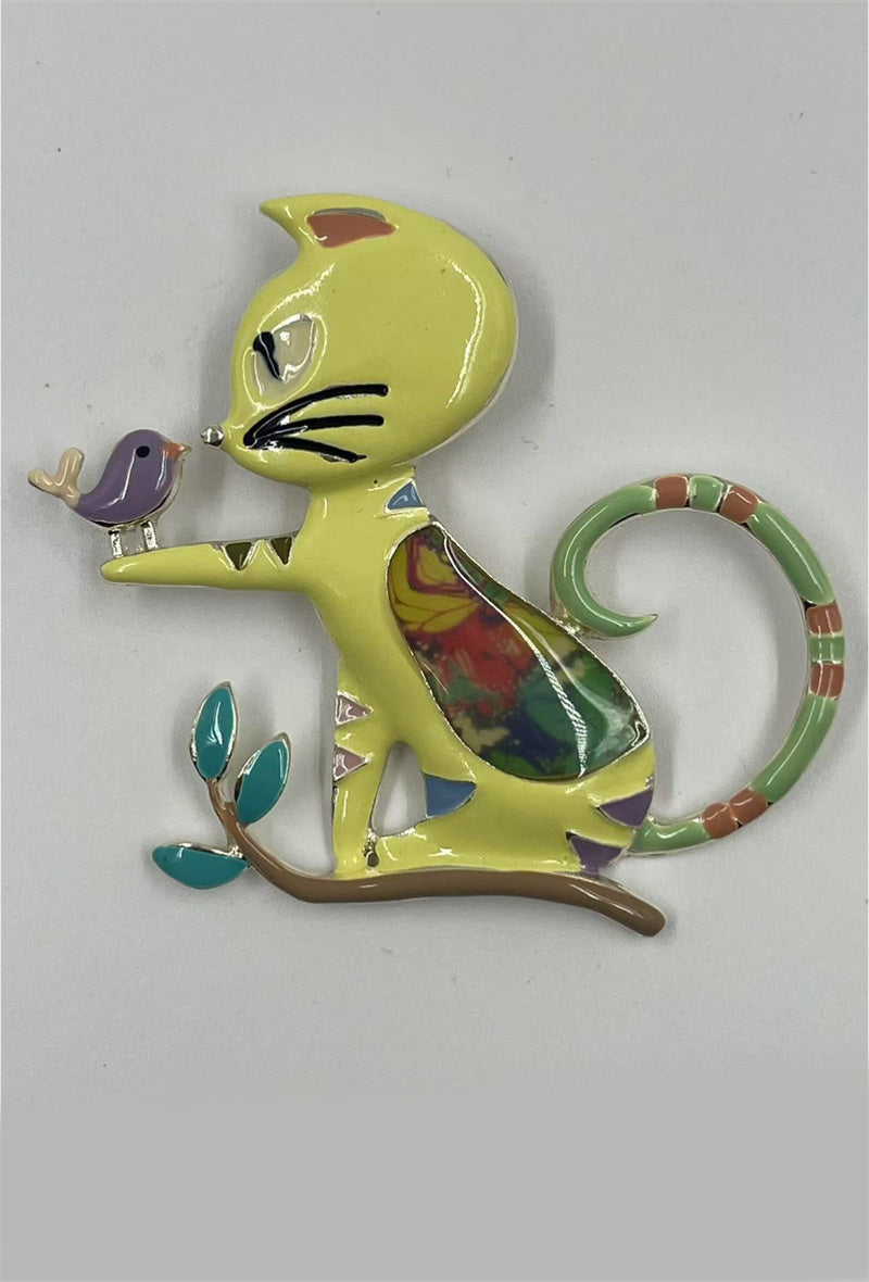 Broche épingle - Chat et oiseau