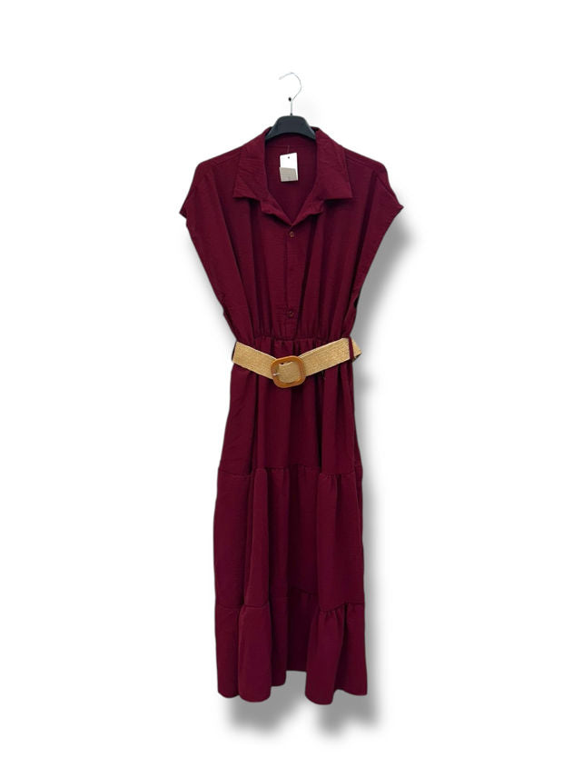Robe longue avec taille élastique et ceinture