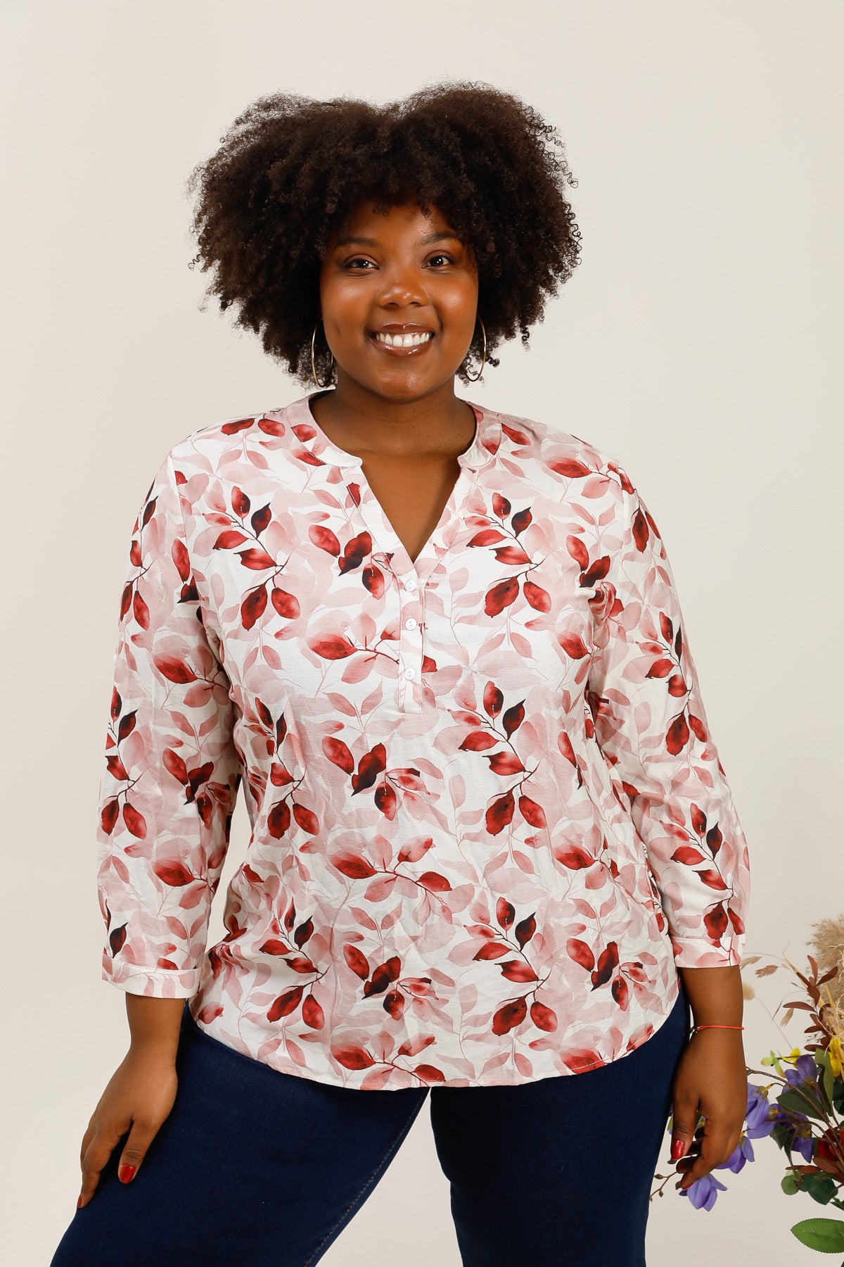 Blouse légère imprimé feuillage bordeaux