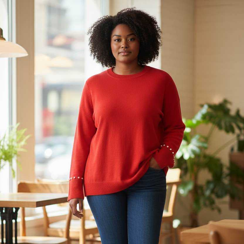 Pull col rond avec strass et perles aux poignets