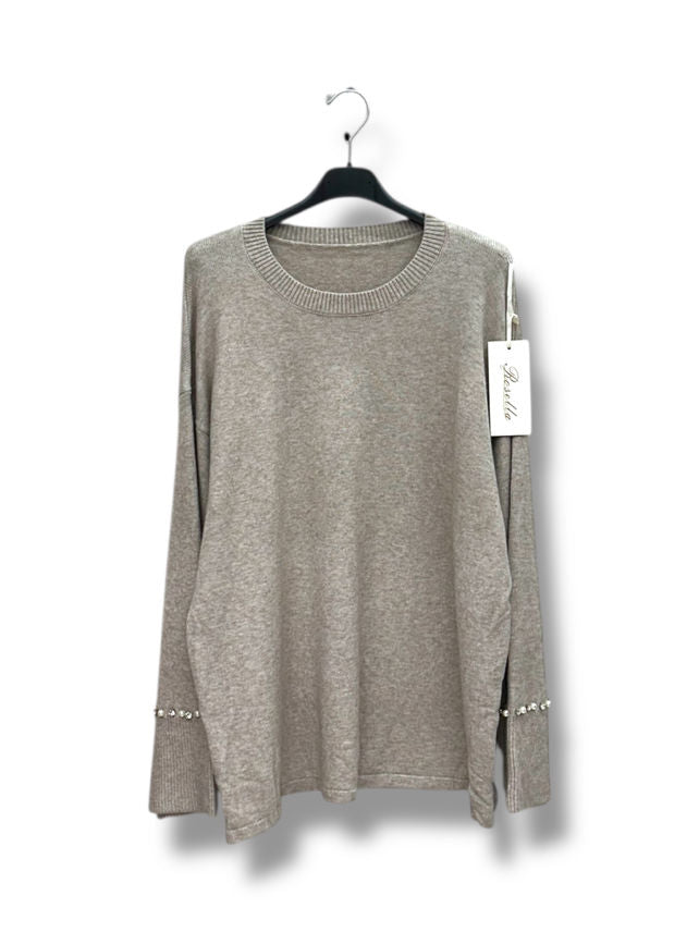 Pull col rond avec strass et perles aux poignets