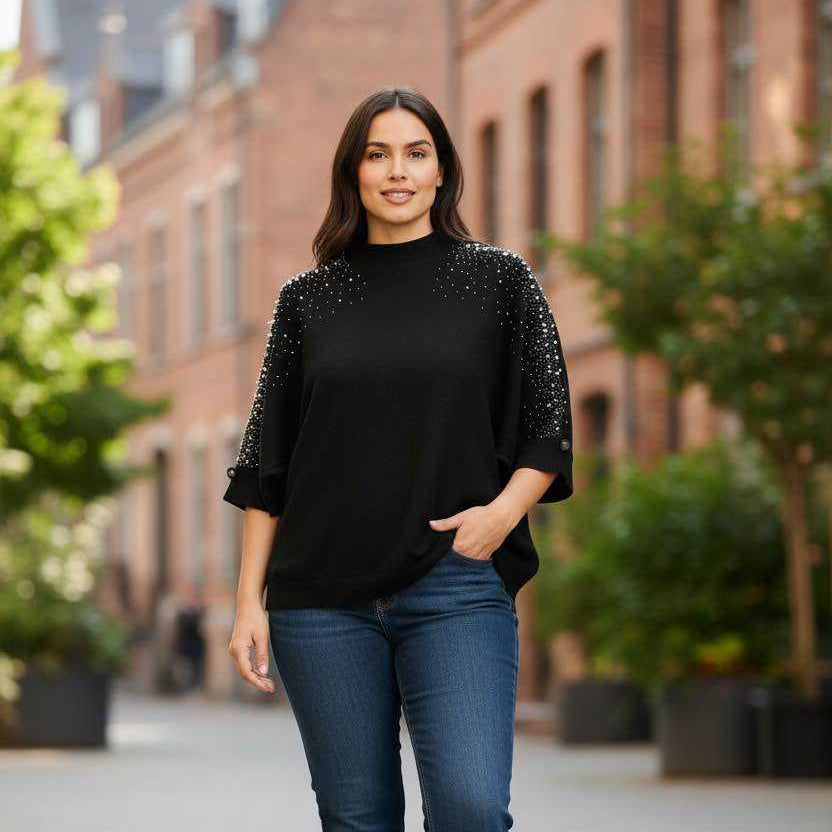 Pull col cheminée manches 3/4 avec strass