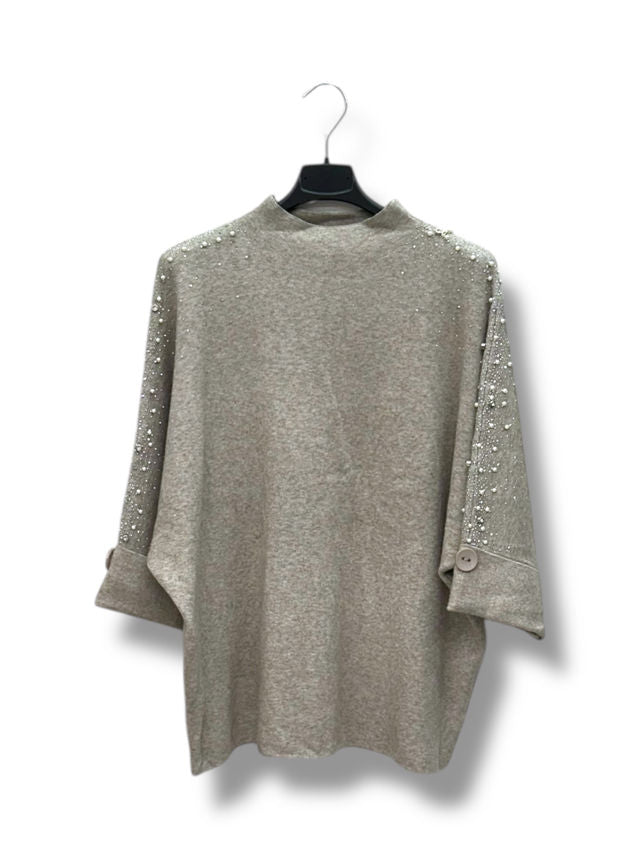 Pull col cheminée manches 3/4 avec strass