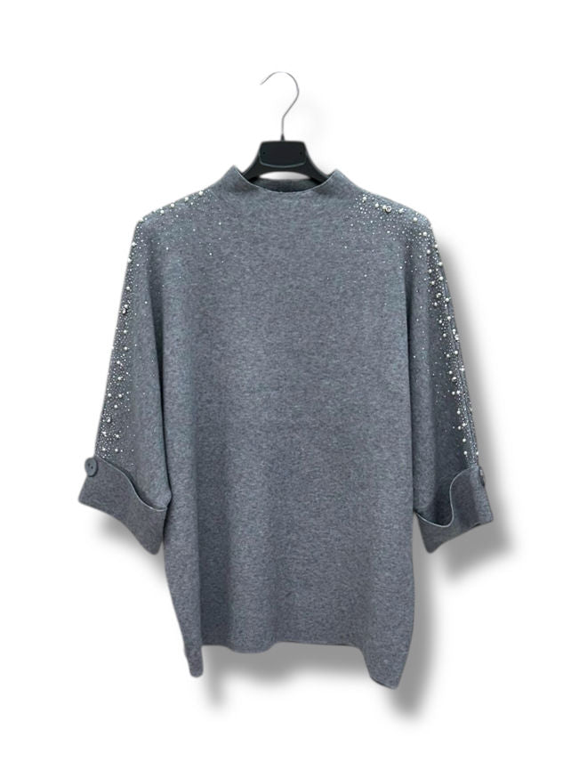 Pull col cheminée manches 3/4 avec strass