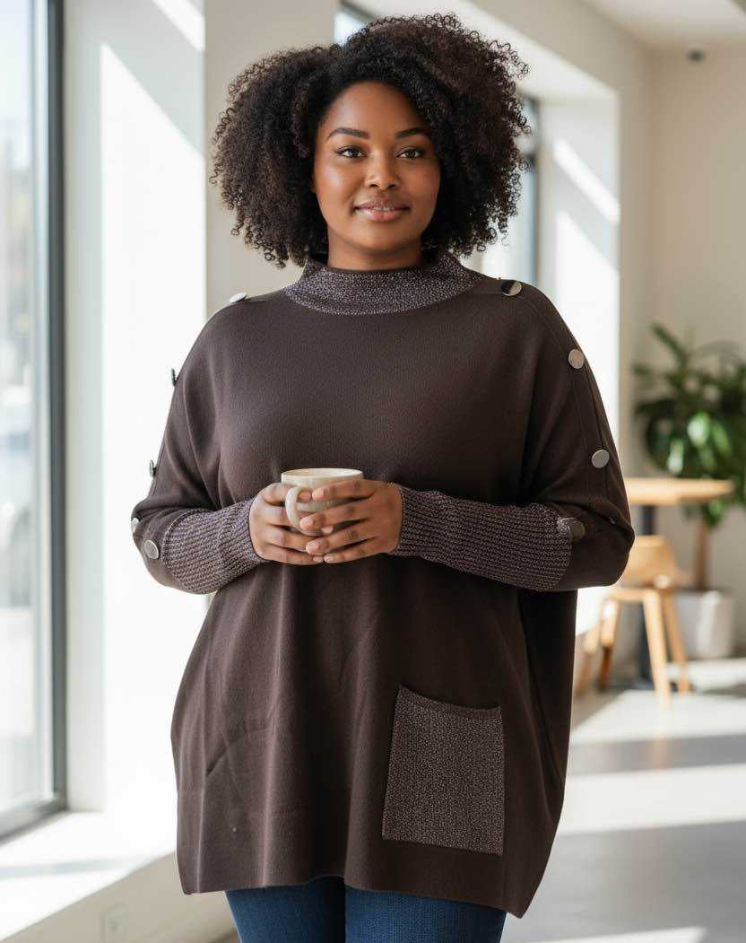 Pull col cheminée avec boutons et fil lurex