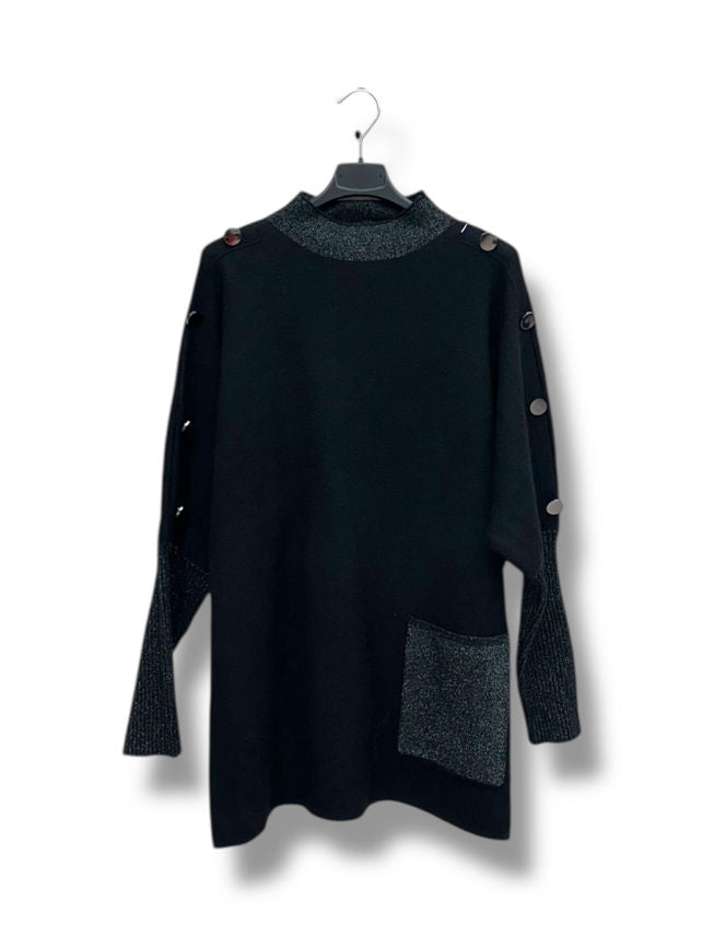 Pull col cheminée avec boutons et fil lurex