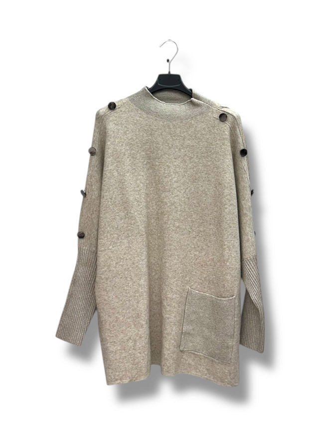 Pull col cheminée avec boutons et fil lurex