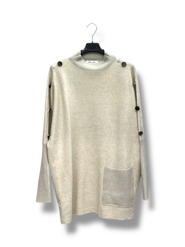 Pull col cheminée avec boutons et fil lurex