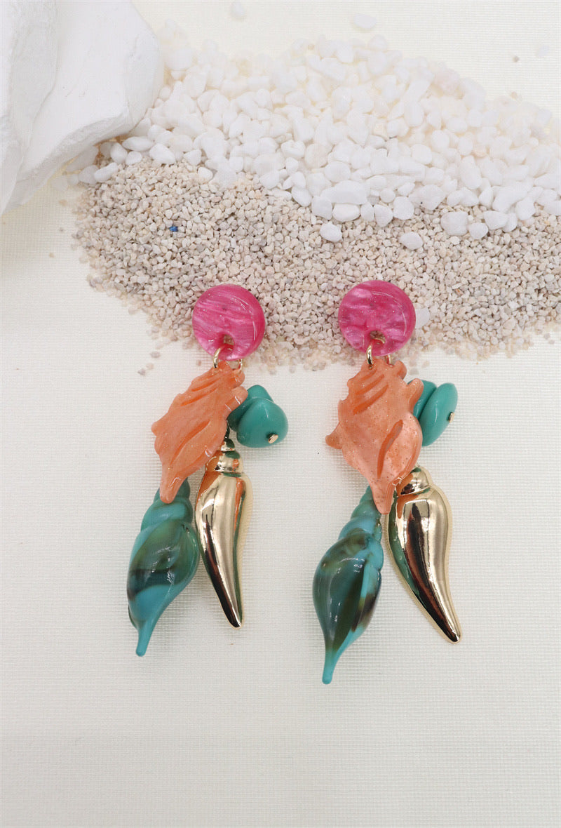 Boucles d'oreilles Coquillage Corail, Vert et doré