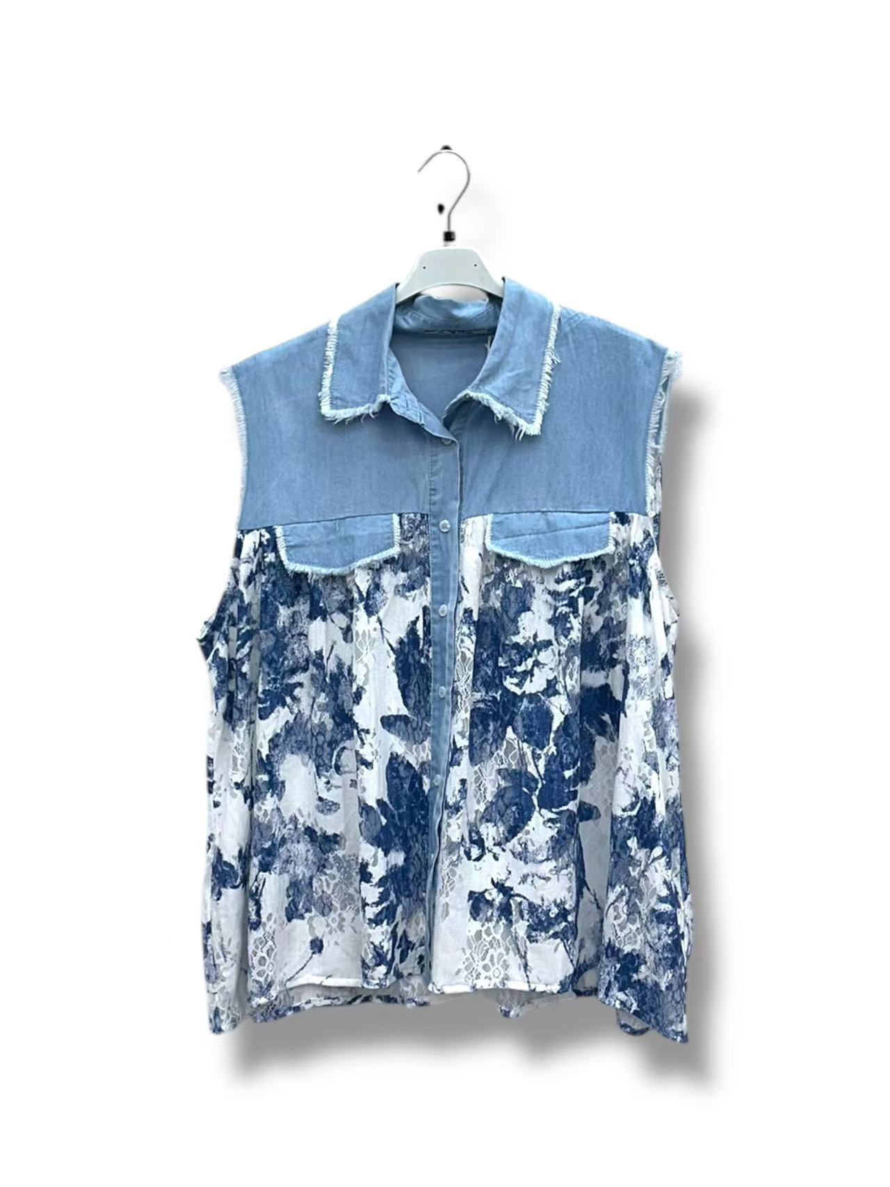 Chemisier sans manche en jean et dentelle