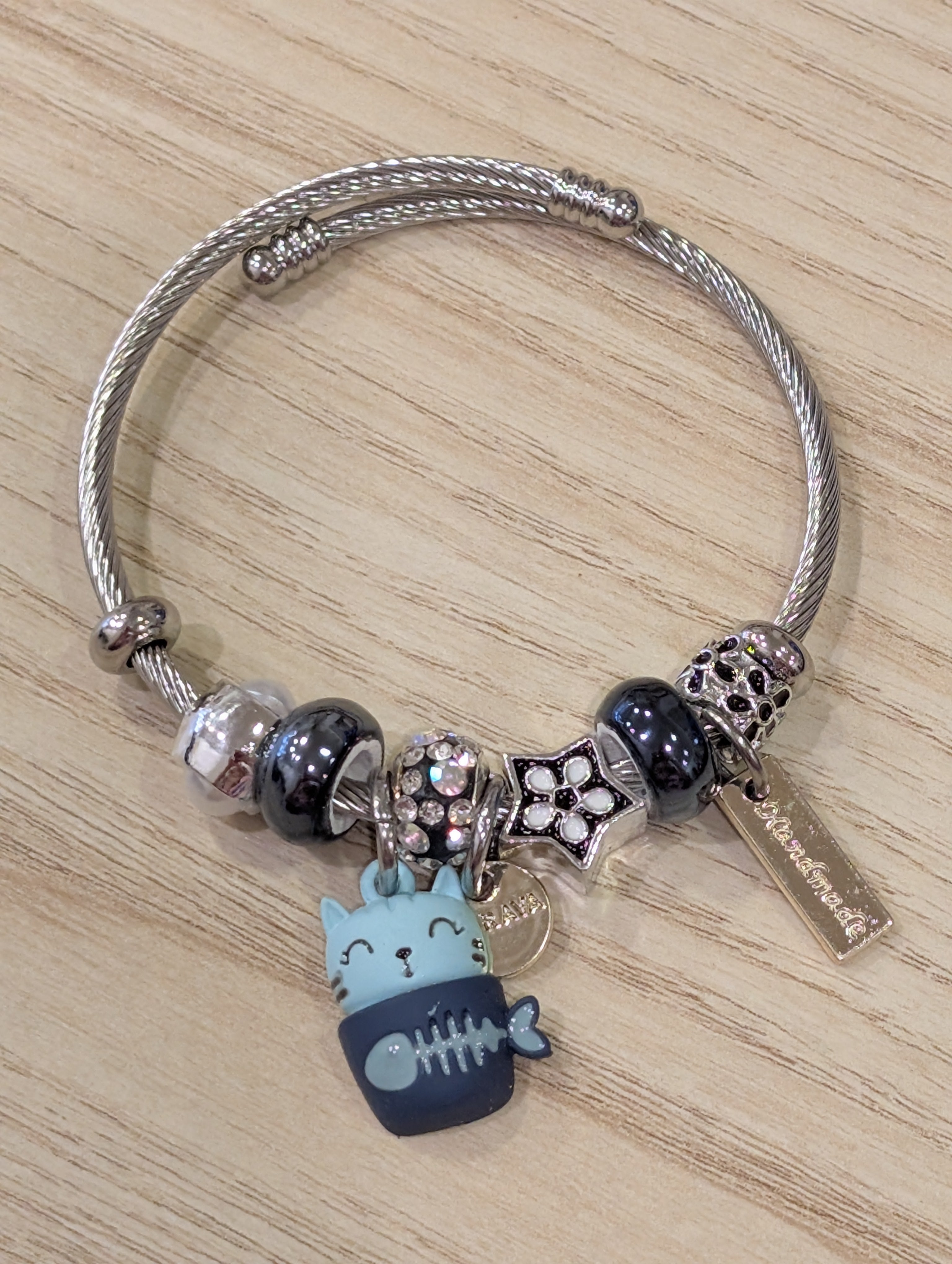 Bracelet souple - Chat dans tasse (bleu)