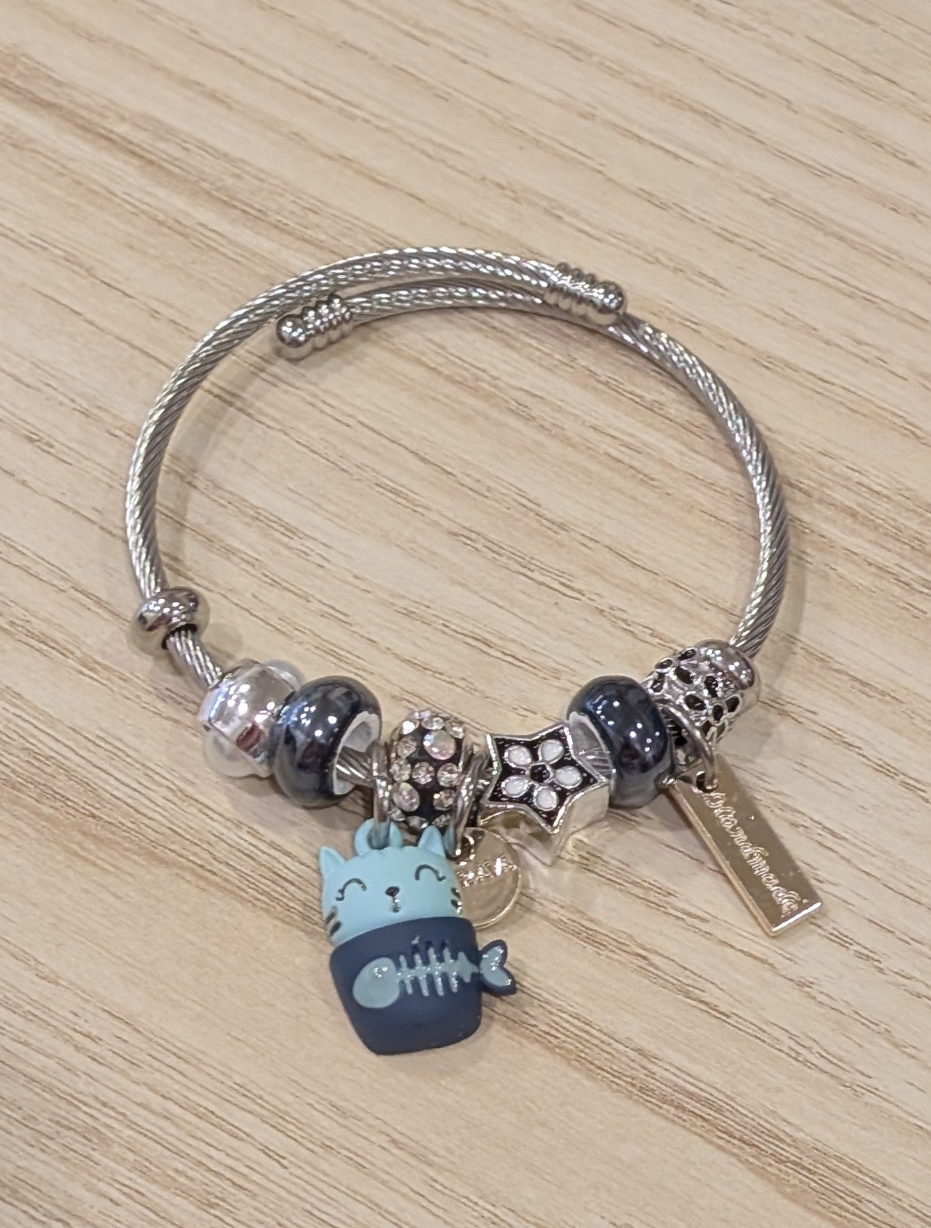 Bracelet souple - Chat dans tasse (bleu)