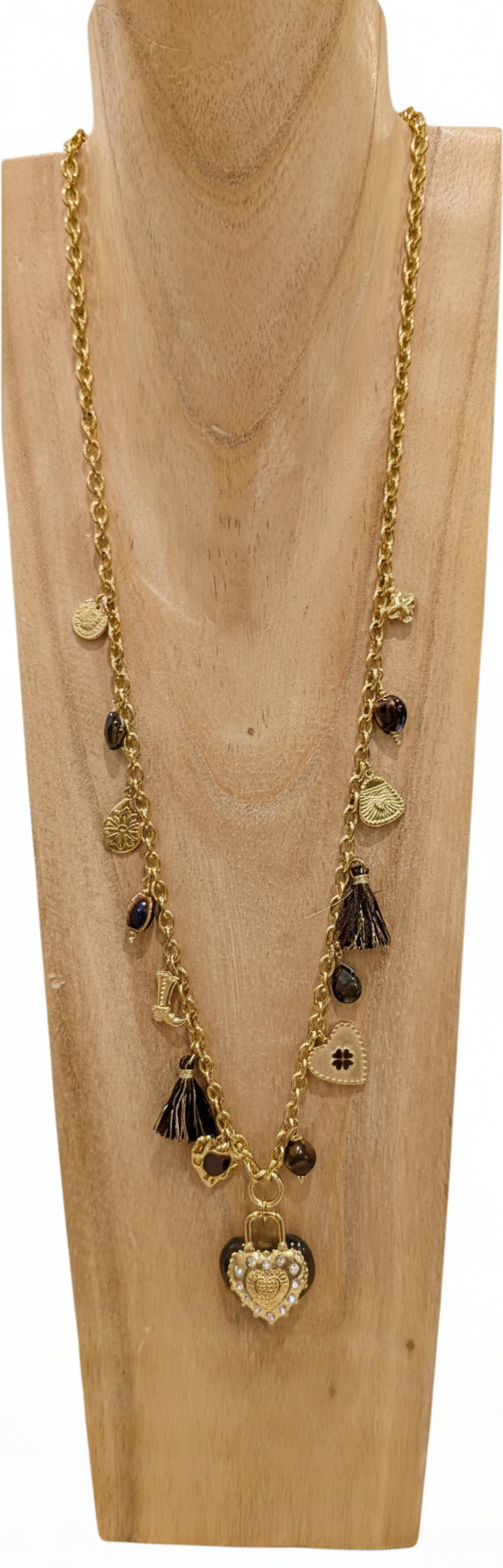 Collier long avec chaine dorée et pendentifs marrons