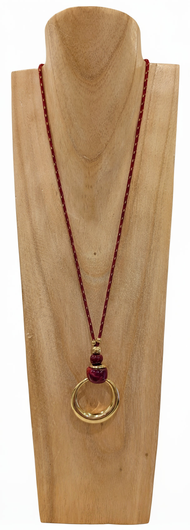 Collier long avec chaine en tissu bordeaux et anneau doré