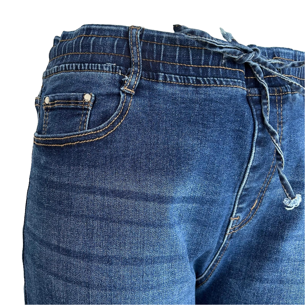 Pantalon jeans avec nœud à la taille coupe droite