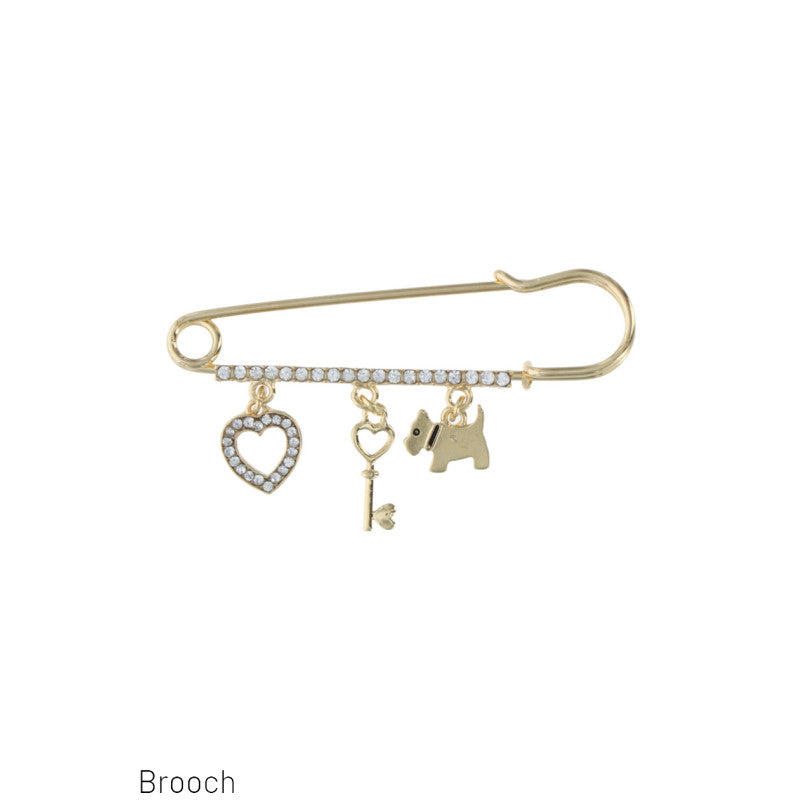 Broche épingle à nourrice avec pendentifs Coeur, Clé, Chien