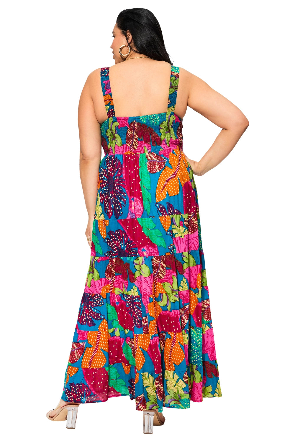 Robe longue - Turquoise feuilles roses