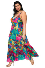 Robe longue - Turquoise feuilles roses