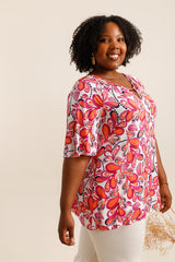 T-shirt imprimé fuchsia et orange avec col ajouré