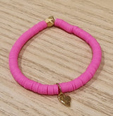 Bracelet élastiqué perles plates en polymère grandes - Rose Fluo