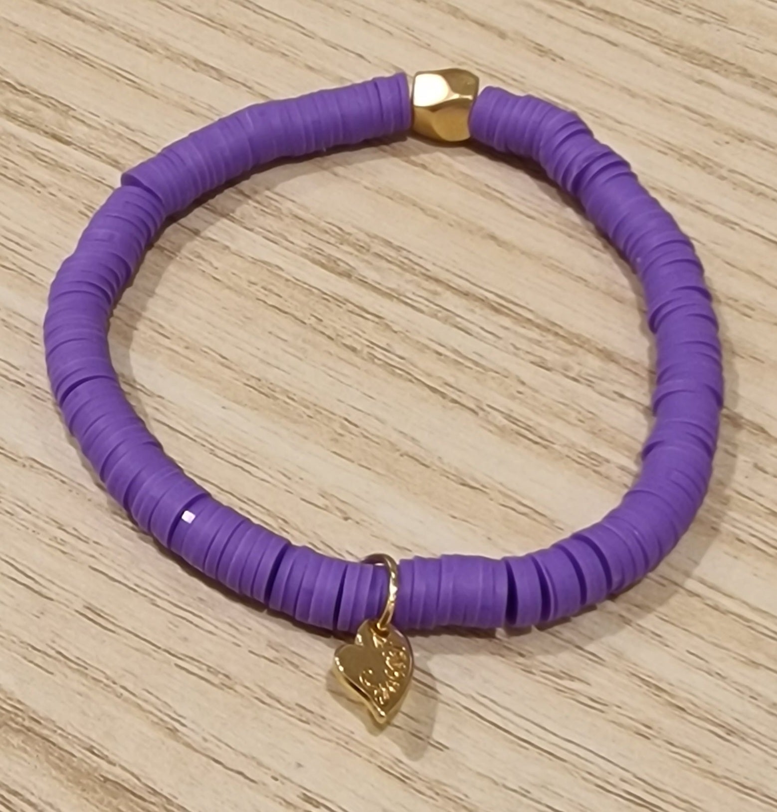 Bracelet élastiqué perles plates en polymère grandes - Mauve Fluo