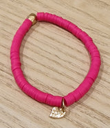 Bracelet élastiqué perles plates en polymère grandes - Fuschia