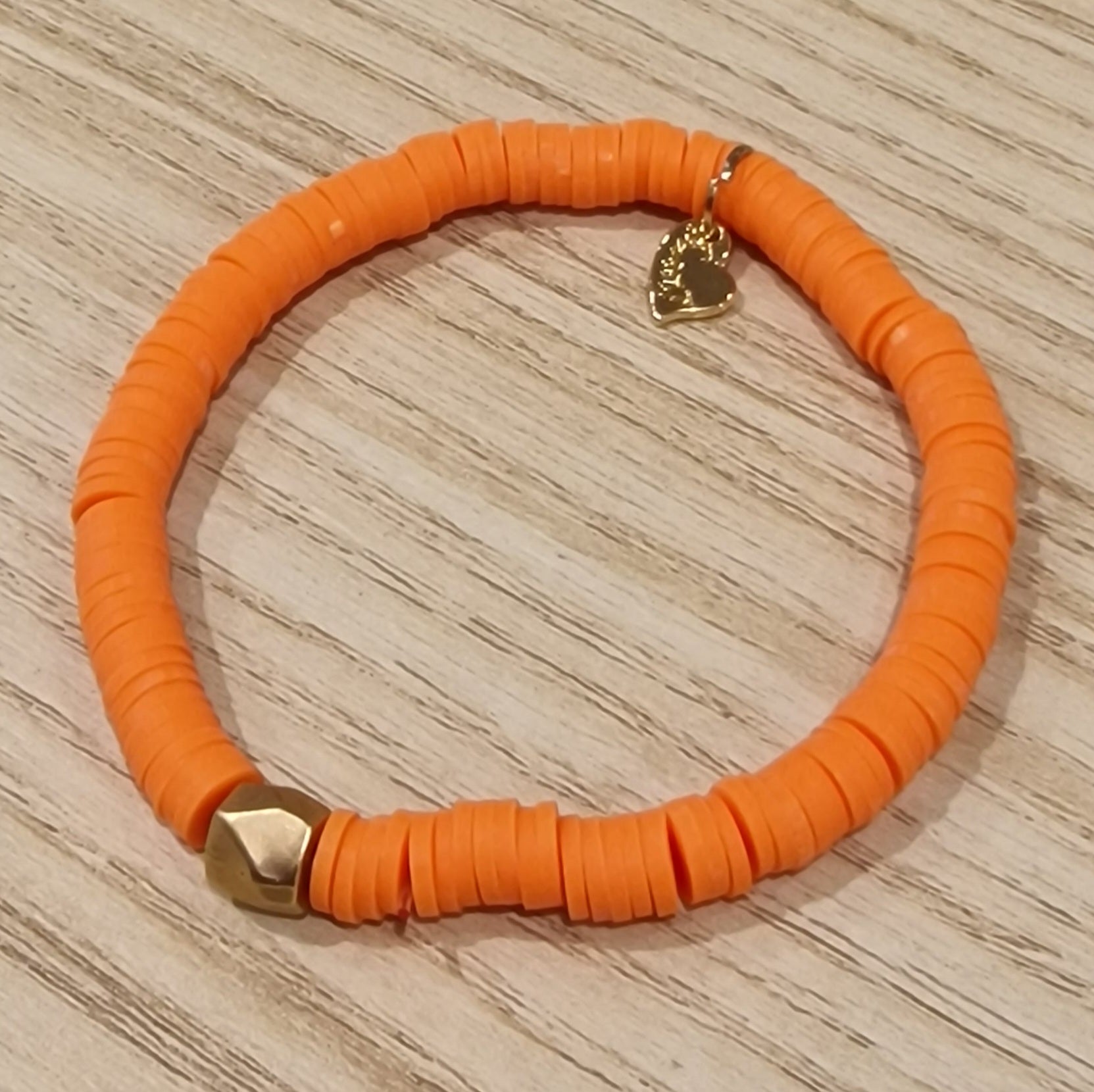 Bracelets orange fluo élastiqué perles plates en polymère - grandes