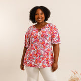 T-shirt imprimé fuchsia et orange avec col ajouré