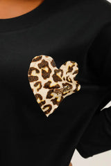 Sweat col rond coeur léopard - Noir