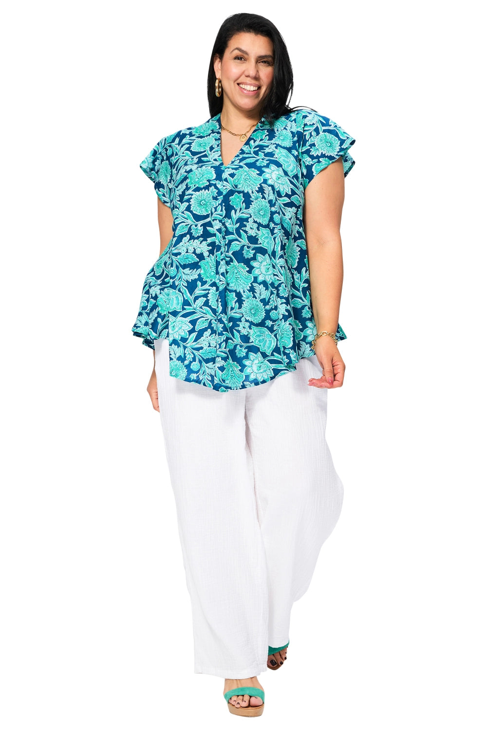 Tunique évasée fleurs turquoise