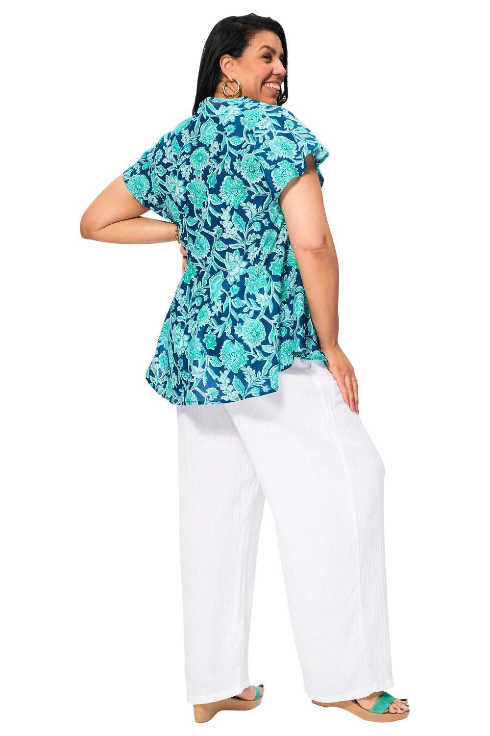 Tunique évasée fleurs turquoise
