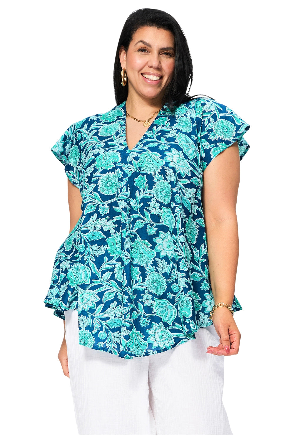 Tunique évasée fleurs turquoise