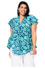 Tunique évasée fleurs turquoise