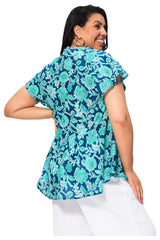 Tunique évasée fleurs turquoise