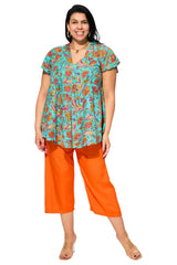 Tunique évasée fleurs orange et fuchsia