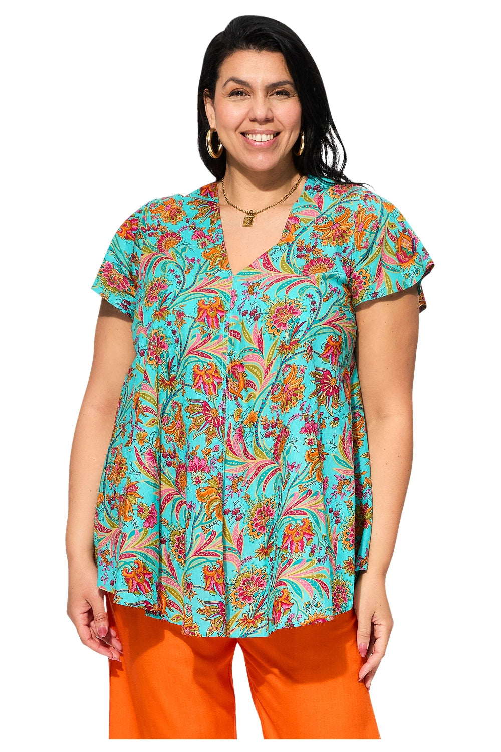 Tunique évasée fleurs orange et fuchsia