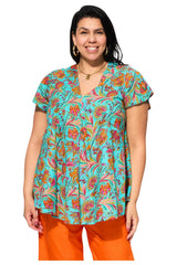 Tunique évasée fleurs orange et fuchsia