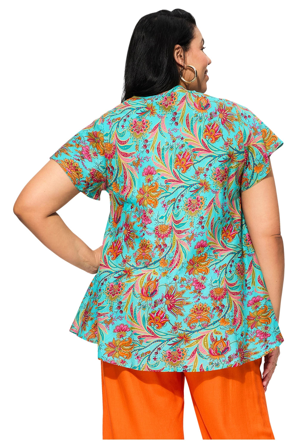 Tunique évasée fleurs orange et fuchsia