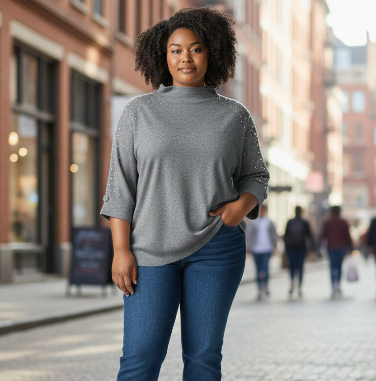 Pull col cheminée manches 3/4 avec strass