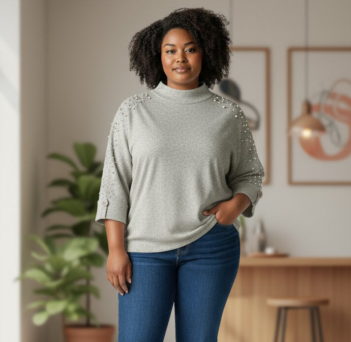 Pull col cheminée manches 3/4 avec strass